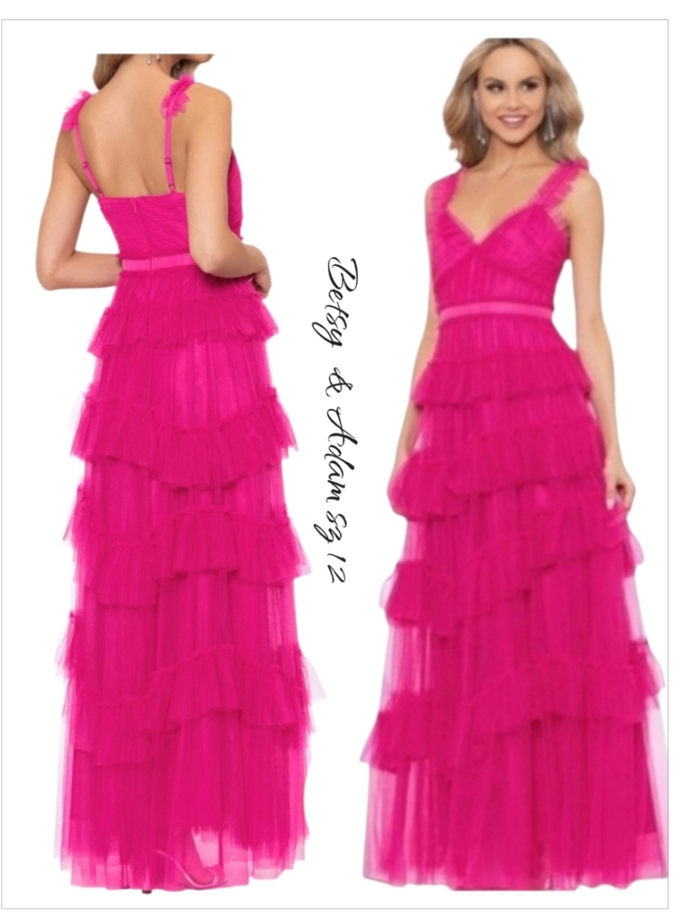 Betsy & Adam Pink Ruffle Tier Prom Maxi Dress sz 12